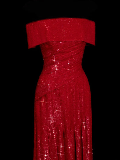Robe de bal longue rouge chic à épaules dénudées, plissée, à volants et sequins, inspiration robe de soirée formelle N152