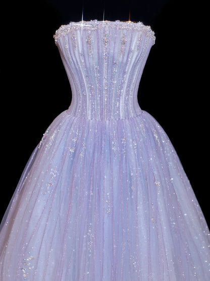 Robe de bal chic sans bretelles lilas avec corsage orné de cristaux perlés - Inspiration robes de soirée formelles - Robes de bal N154