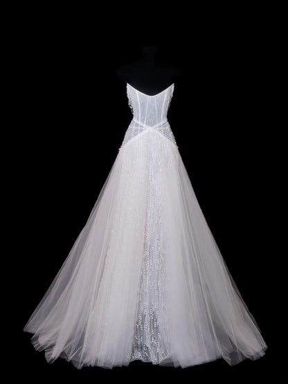 Robe de mariée à paillettes, robe de bal, décolleté en V, sequins et perles blanches, robe de mariée longue et ajustée N155