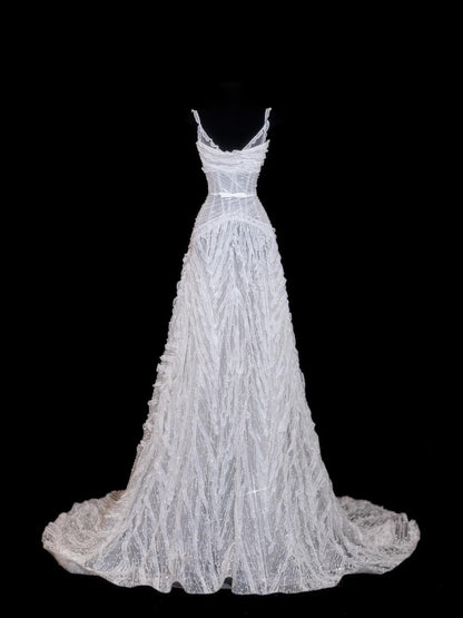 Robe de mariée à paillettes, robe de bal à bretelles spaghetti, robe de mariée blanche à sequins et perles, robe de mariée longue et ajustée N156