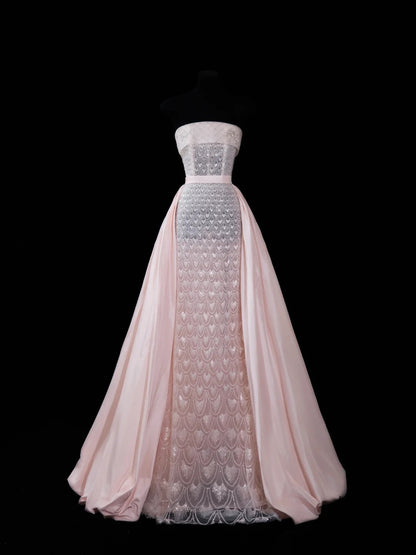 Chic Mermaid Strapless Pink Sequin With Beaded Crystals Bodice Inspo Formal Party Gowns Prom Dresses N157