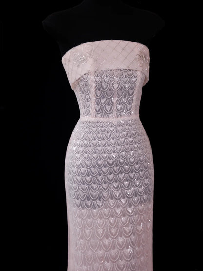 Chic Mermaid Strapless Pink Sequin With Beaded Crystals Bodice Inspo Formal Party Gowns Prom Dresses N157