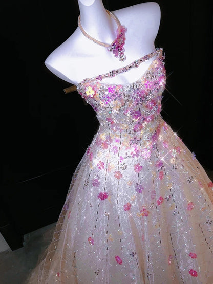 Robe de bal chic sans bretelles rose à sequins et cristaux perlés - Inspiration robes de soirée formelles et robes de bal N158