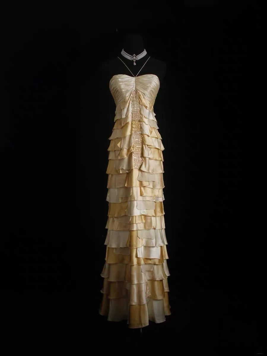 Robe de bal vintage, coupe trapèze, dos nu, jaune, bustier à volants superposés, inspiration robe de soirée formelle N164