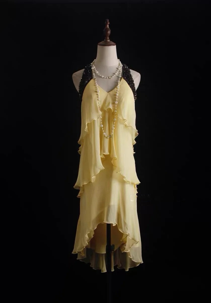 Robe de bal jaune vintage asymétrique à col halter, courte, modèle N163
