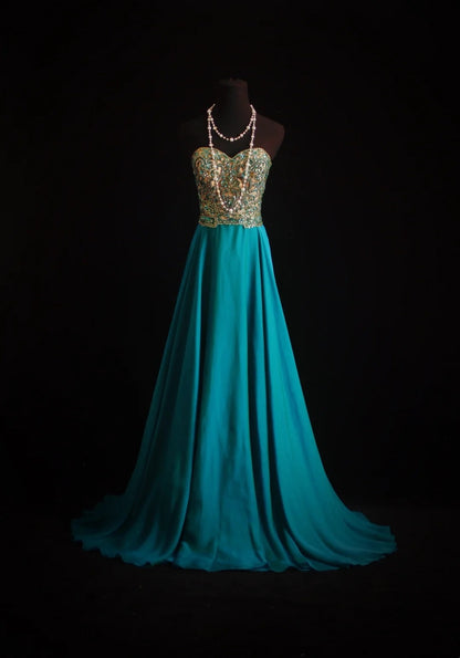 Vintage-Abendkleider im A-Linien-Stil mit herzförmigem Ausschnitt und Perlenbesatz am Oberteil – Inspiration für ein formelles, blaues Abendkleid N169