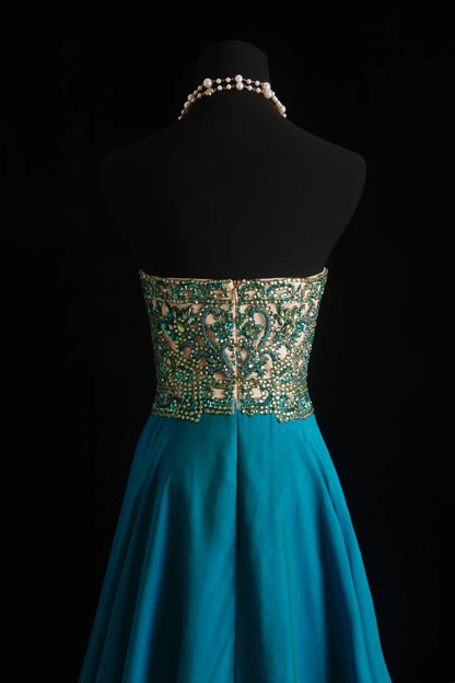 Vintage-Abendkleider im A-Linien-Stil mit herzförmigem Ausschnitt und Perlenbesatz am Oberteil – Inspiration für ein formelles, blaues Abendkleid N169