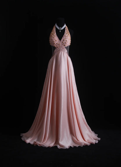 Robe de bal vintage esthétique, coupe trapèze, dos nu rose, corsage orné de perles, inspiration robe de soirée formelle N168