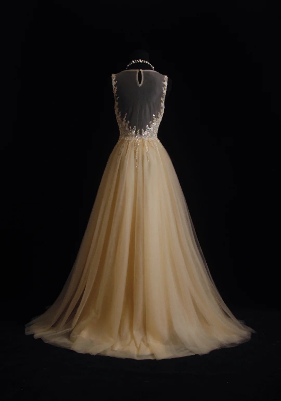 Robe de bal vintage esthétique, coupe trapèze, col rond, tulle champagne avec corsage perlé, inspiration robe de soirée formelle N170