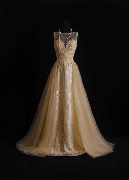 Robe de bal vintage esthétique, coupe trapèze, col rond, tulle champagne avec corsage perlé, inspiration robe de soirée formelle N170
