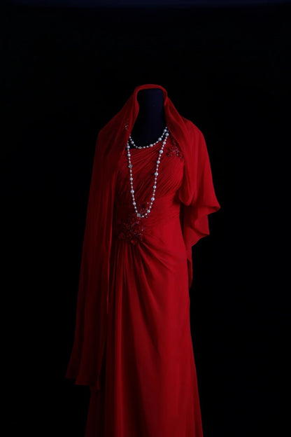 Robe de bal vintage, coupe trapèze, une épaule, en mousseline rouge avec corsage perlé, inspiration robe de soirée formelle N171