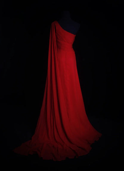 Robe de bal vintage, coupe trapèze, une épaule, en mousseline rouge avec corsage perlé, inspiration robe de soirée formelle N171
