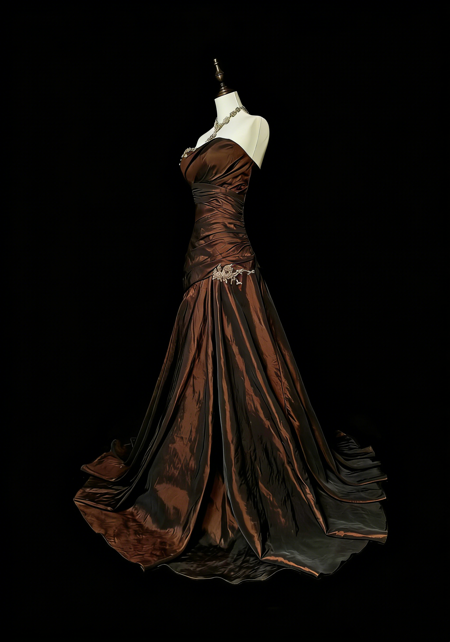 Robe de soirée longue en taffetas vert avec décolleté cœur et dentelle, robe de bal en taffetas vert N1780