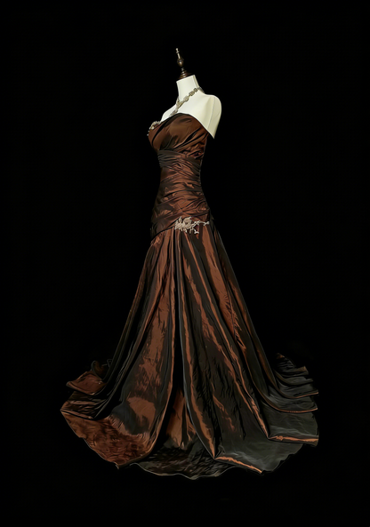 Robe de soirée longue en taffetas vert avec décolleté cœur et dentelle, robe de bal en taffetas vert N1780