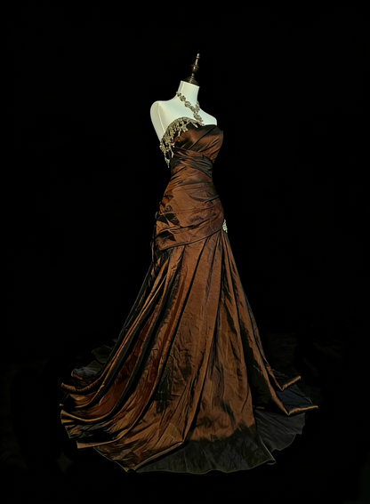 Robe de soirée longue en taffetas vert avec décolleté cœur et dentelle, robe de bal en taffetas vert N1780