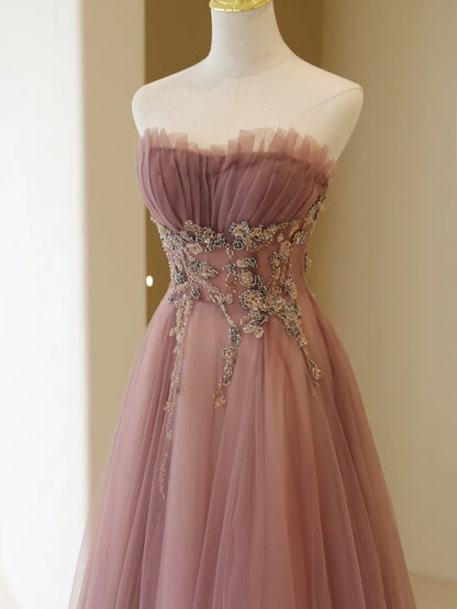 Stilvolles, trägerloses, langes A-Linien-Abendkleid aus altrosa Tüll – Inspiration für formelle Anlässe und Partys (Modell N198)