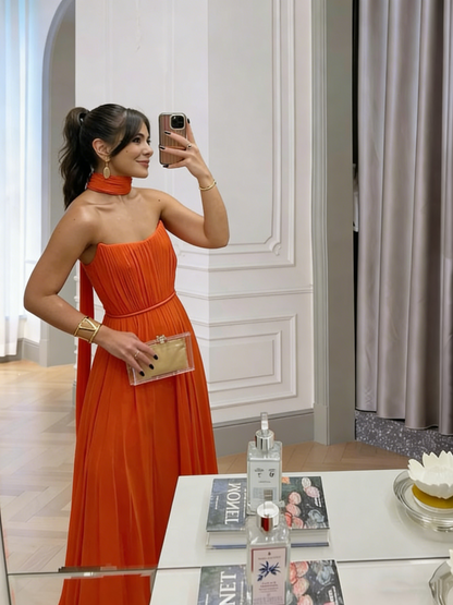 Robe de soirée longue orange en mousseline, coupe trapèze, sans bretelles, avec foulard, inspiration pour bal de fin d'année (N020)