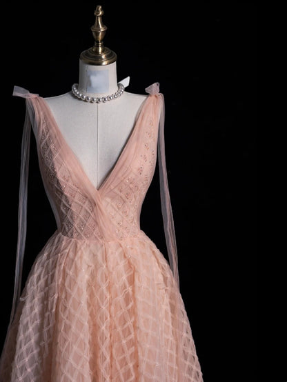 Magnifique robe de bal rose poudré à col en V, longue, pour les soirées formelles - Inspiration tenue N238