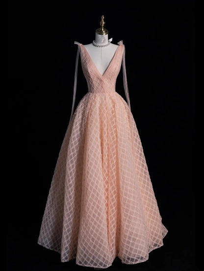Magnifique robe de bal rose poudré à col en V, longue, pour les soirées formelles - Inspiration tenue N238
