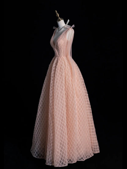 Magnifique robe de bal rose poudré à col en V, longue, pour les soirées formelles - Inspiration tenue N238