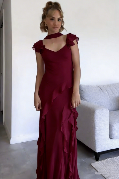 Magnifique robe de bal longue sirène en mousseline rose à col en V et volants, ornée d'un ruban, pour une invitée de mariage (N250)