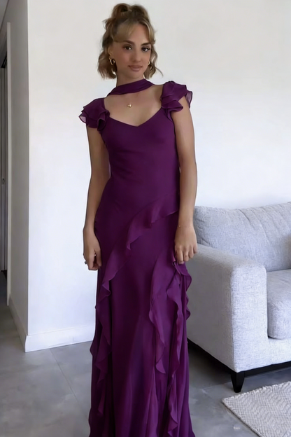 Magnifique robe de bal longue sirène en mousseline rose à col en V et volants, ornée d'un ruban, pour une invitée de mariage (N250)