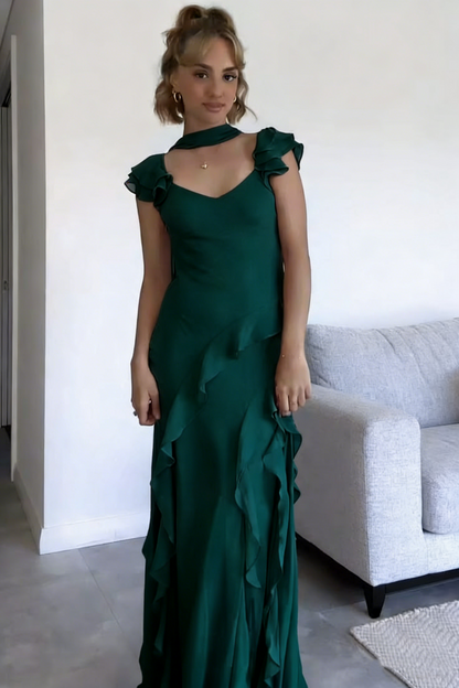 Magnifique robe de bal longue sirène en mousseline rose à col en V et volants, ornée d'un ruban, pour une invitée de mariage (N250)