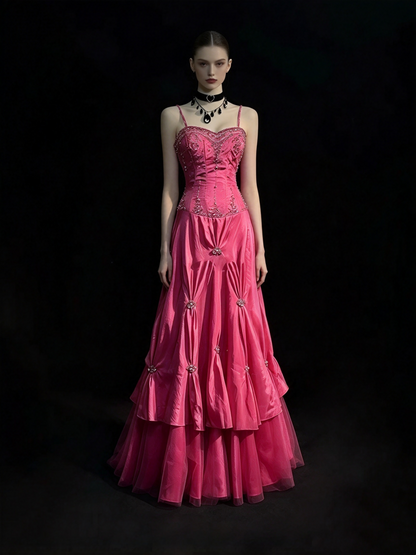 Vintage Prom Dresses A line Spaghetti Strap Taffeta Pink With Silver Beads 1950s Long Formal Gown N2595