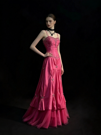 Vintage Prom Dresses A line Spaghetti Strap Taffeta Pink With Silver Beads 1950s Long Formal Gown N2595