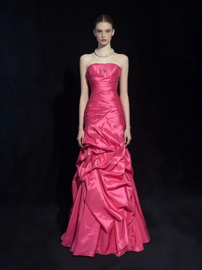 Vintage Abschlussballkleider Meerjungfrau Trägerlos Hot Pink Satin Mit Gestuften Lagen 90er Langes Abendkleid N2915