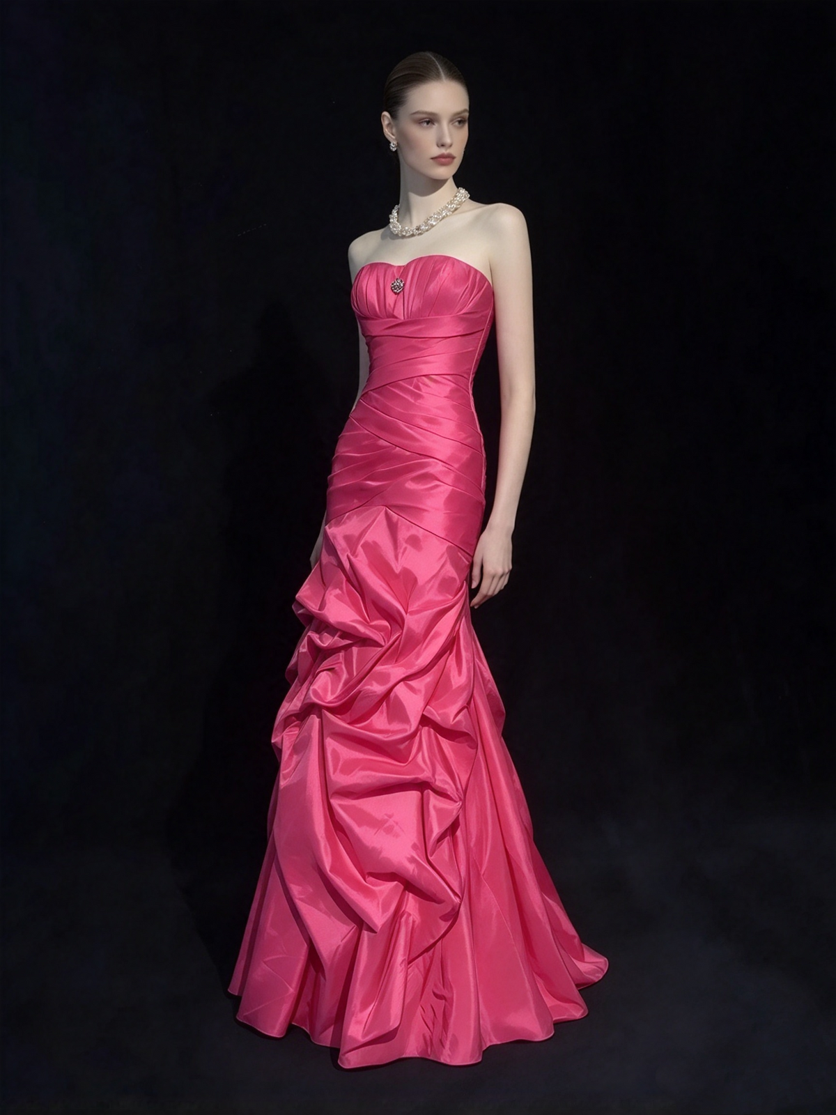Vintage Abschlussballkleider Meerjungfrau Trägerlos Hot Pink Satin Mit Gestuften Lagen 90er Langes Abendkleid N2915