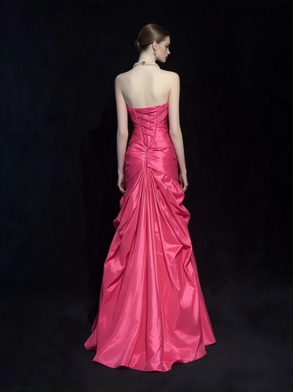 Vintage Abschlussballkleider Meerjungfrau Trägerlos Hot Pink Satin Mit Gestuften Lagen 90er Langes Abendkleid N2915