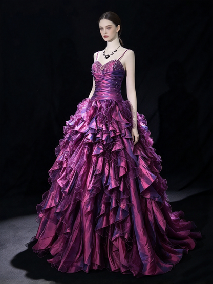 Gorgeous Evening outfit Ball Gown Spaghetti Straps Grape Tiered Layers Prom Dresses Long Formal Dress RC1421