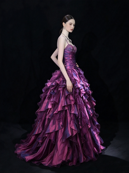Gorgeous Evening outfit Ball Gown Spaghetti Straps Grape Tiered Layers Prom Dresses Long Formal Dress RC1421