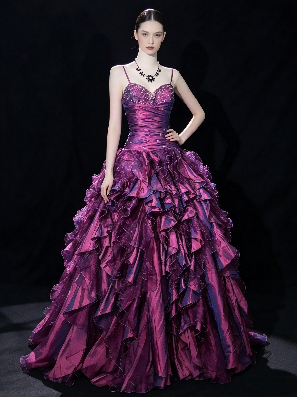 Gorgeous Evening outfit Ball Gown Spaghetti Straps Grape Tiered Layers Prom Dresses Long Formal Dress RC1421