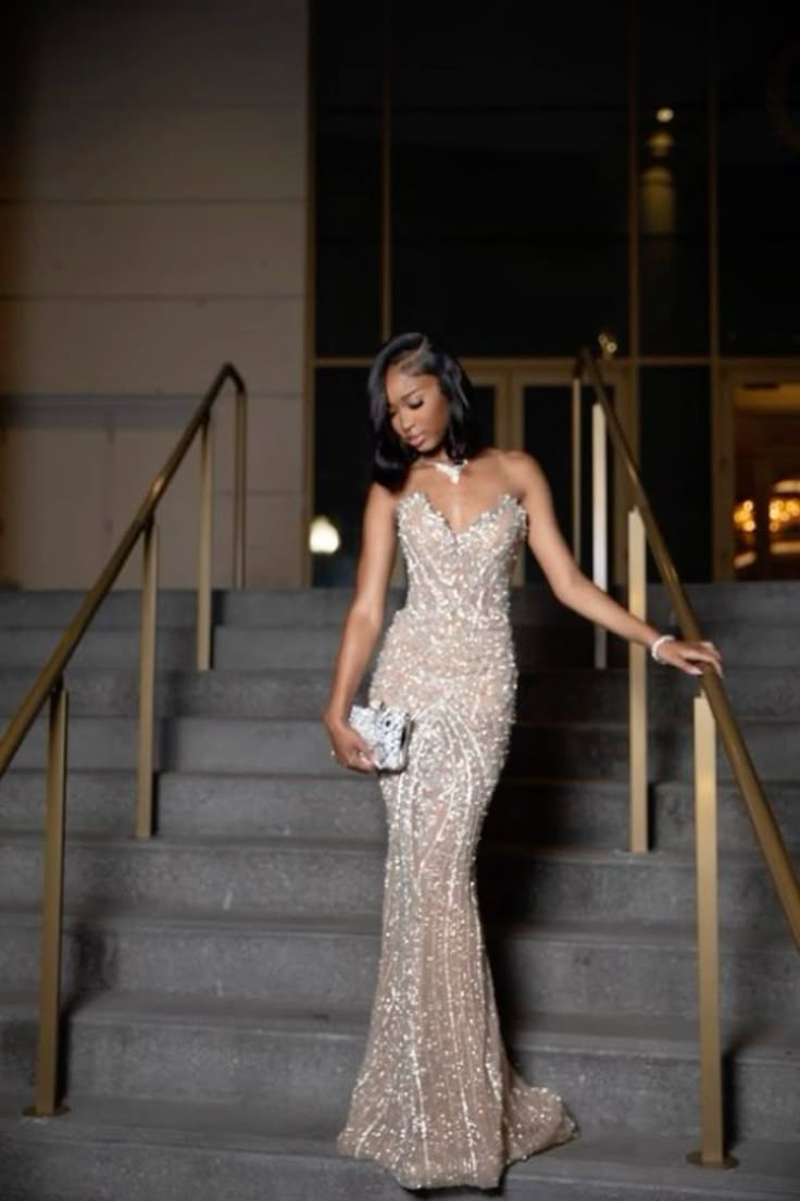 Robe de bal longue à sequins couleur champagne, décolleté cœur, style sirène scintillante, pour jeunes filles noires. Idéale pour les fêtes d'anniversaire et autres occasions spéciales (N373).