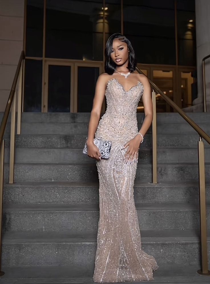 Robe de bal longue à sequins couleur champagne, décolleté cœur, style sirène scintillante, pour jeunes filles noires. Idéale pour les fêtes d'anniversaire et autres occasions spéciales (N373).