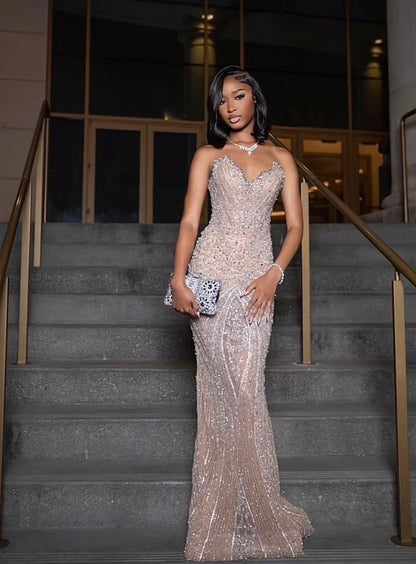Robe de bal longue à sequins couleur champagne, décolleté cœur, style sirène scintillante, pour jeunes filles noires. Idéale pour les fêtes d'anniversaire et autres occasions spéciales (N373).