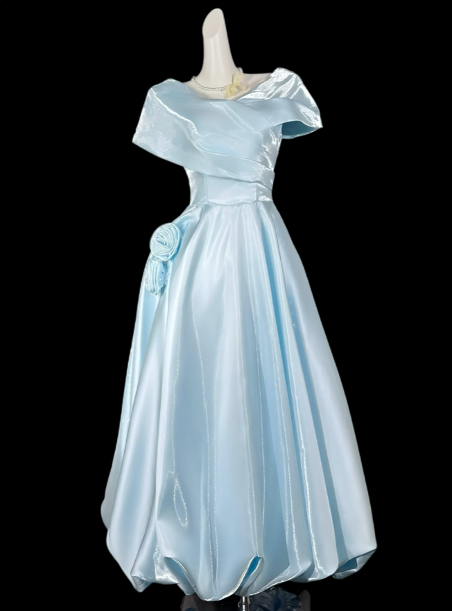 Charmante robe trapèze épaules dénudées bleu ciel clair avec manches en satin pour anniversaire d'été, tenue élégante, robes d'invitée de mariage N4301