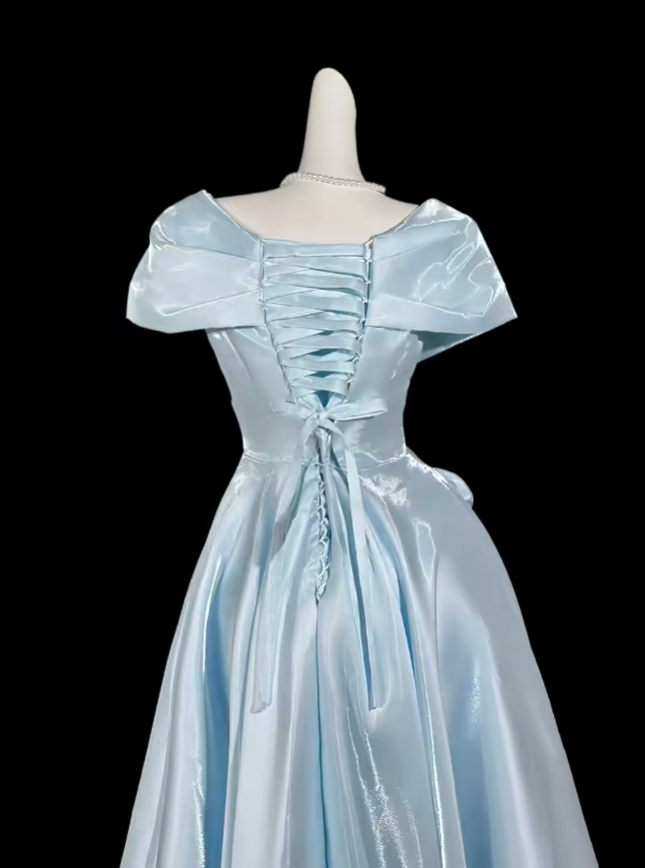Charmante robe trapèze épaules dénudées bleu ciel clair avec manches en satin pour anniversaire d'été, tenue élégante, robes d'invitée de mariage N4301