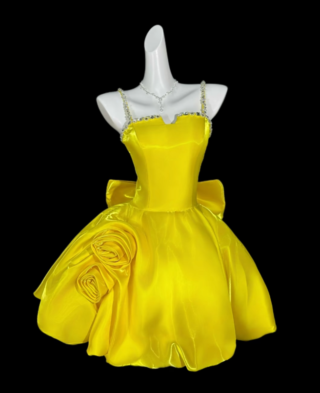 Elegant Ball Gown Spaghetti Strap Yellow Short Satin Mini Party Dress Homecoming Dresses N4304