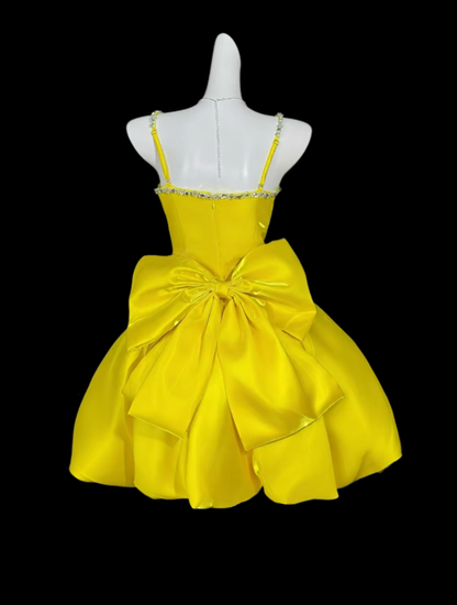 Elegant Ball Gown Spaghetti Strap Yellow Short Satin Mini Party Dress Homecoming Dresses N4304