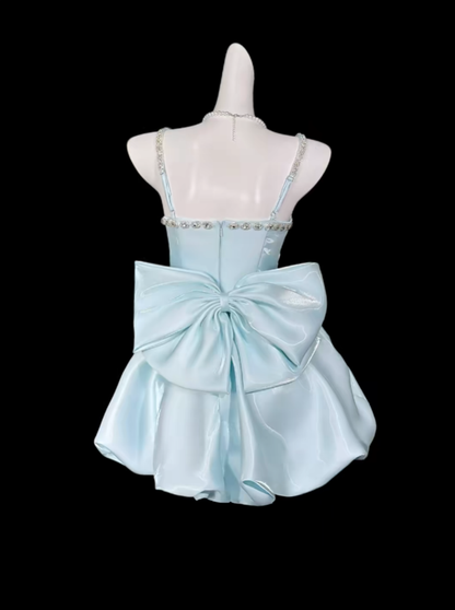 Niedliche Ballkleider Spaghettiträger Hellblau Kurz mit Schleife Mini-Partykleid Abschlussballkleider N4313