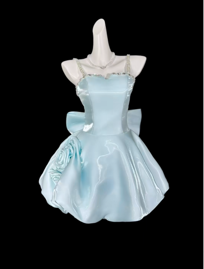 Niedliche Ballkleider Spaghettiträger Hellblau Kurz mit Schleife Mini-Partykleid Abschlussballkleider N4313