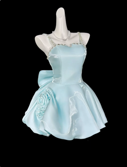 Niedliche Ballkleider Spaghettiträger Hellblau Kurz mit Schleife Mini-Partykleid Abschlussballkleider N4313