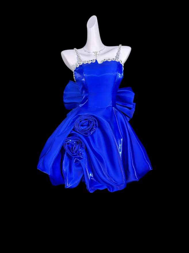 Niedliche Ballkleider Spaghetti-Träger Königlich Blau Kurz Mit Schleife Mini-Partykleid Abschlussballkleider N4318