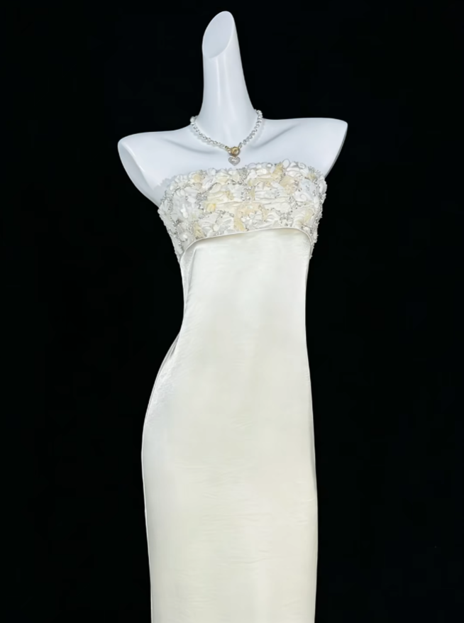 Cute Sheath Strapless White With Scarf Satin Summer Birthday Elegant Outfit Wedding Guest Dresses N4319