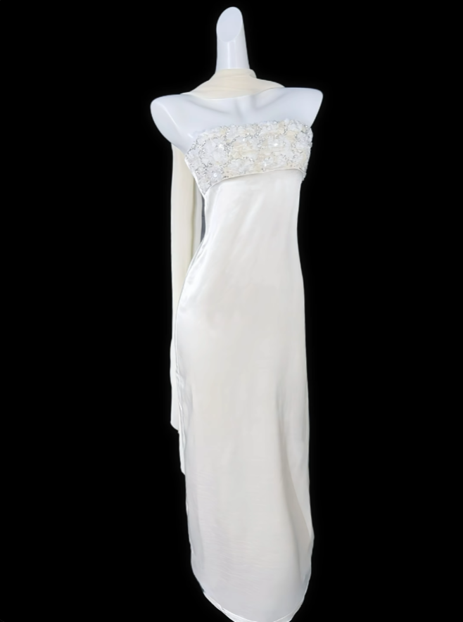 Cute Sheath Strapless White With Scarf Satin Summer Birthday Elegant Outfit Wedding Guest Dresses N4319
