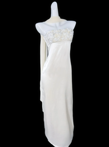 Cute Sheath Strapless White With Scarf Satin Summer Birthday Elegant Outfit Wedding Guest Dresses N4319