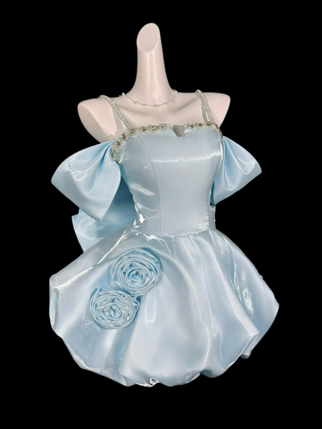 Sweet Ball Gown Spaghetti Strap Light Sky Blue Short Mini Party Cocktail Homecoming Dresses N4333